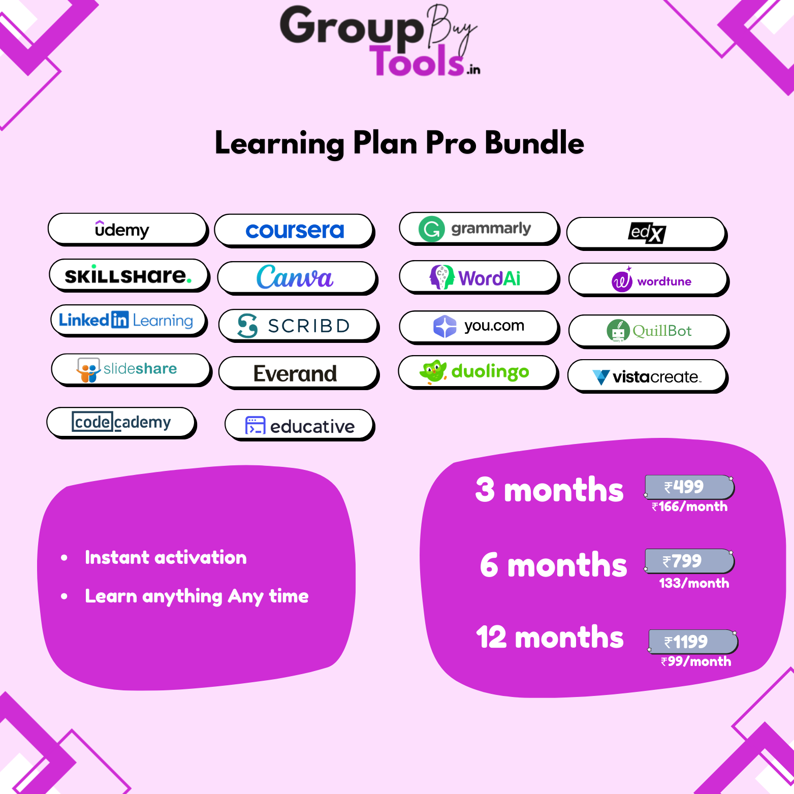Learning Plan Pro bundle by Group Buy Tools featuring premium access to over 18 tools including Udemy, Coursera, Grammarly, and Canva starting at ₹99 per month