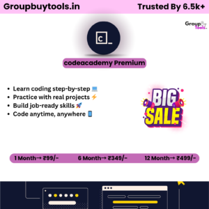Codecademy Group Buy Plan pricing chart by Group Buy Tools showing monthly and yearly subscription options starting at ₹41/month