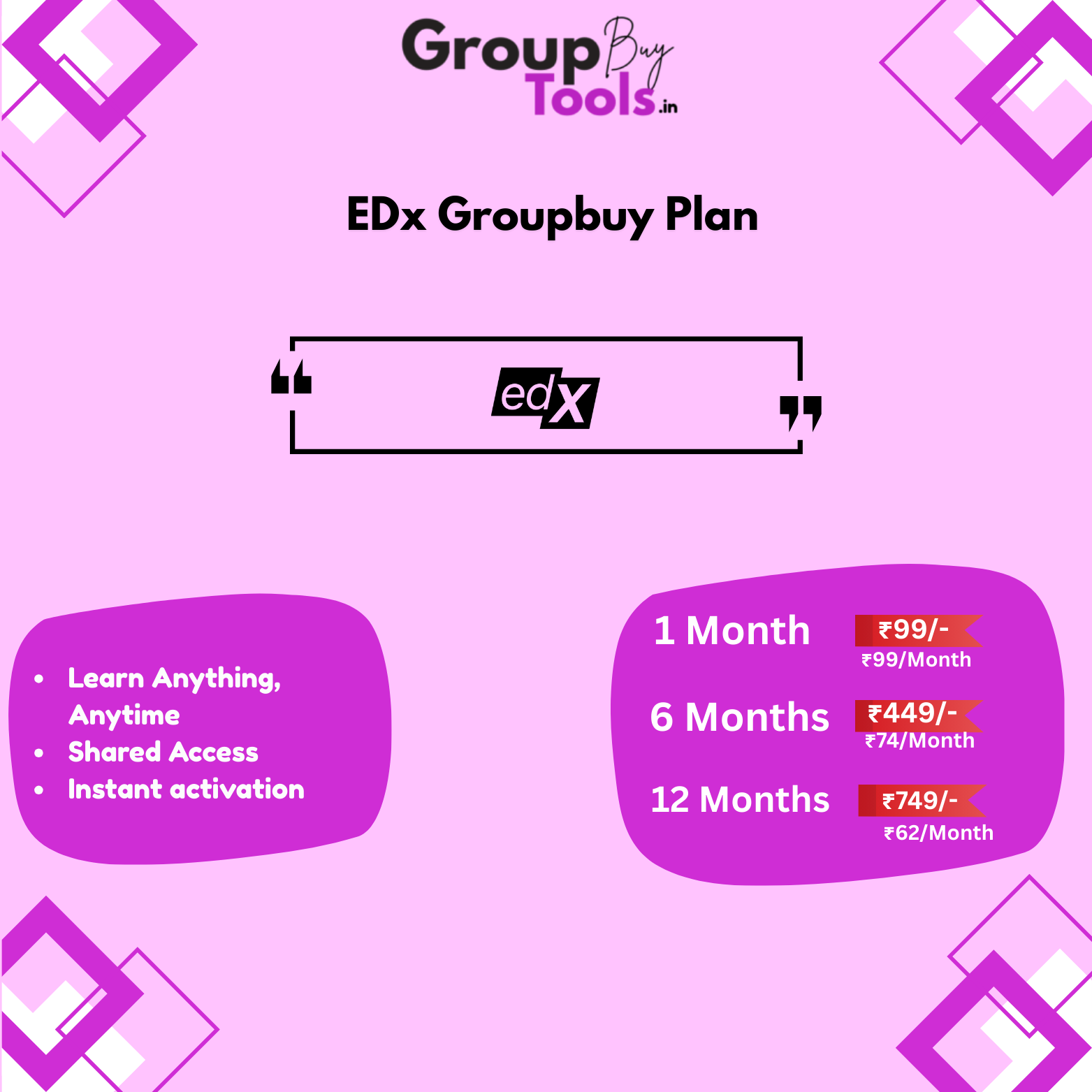 EdX Group Buy Plan pricing chart by Group Buy Tools showing monthly and yearly shared premium access options