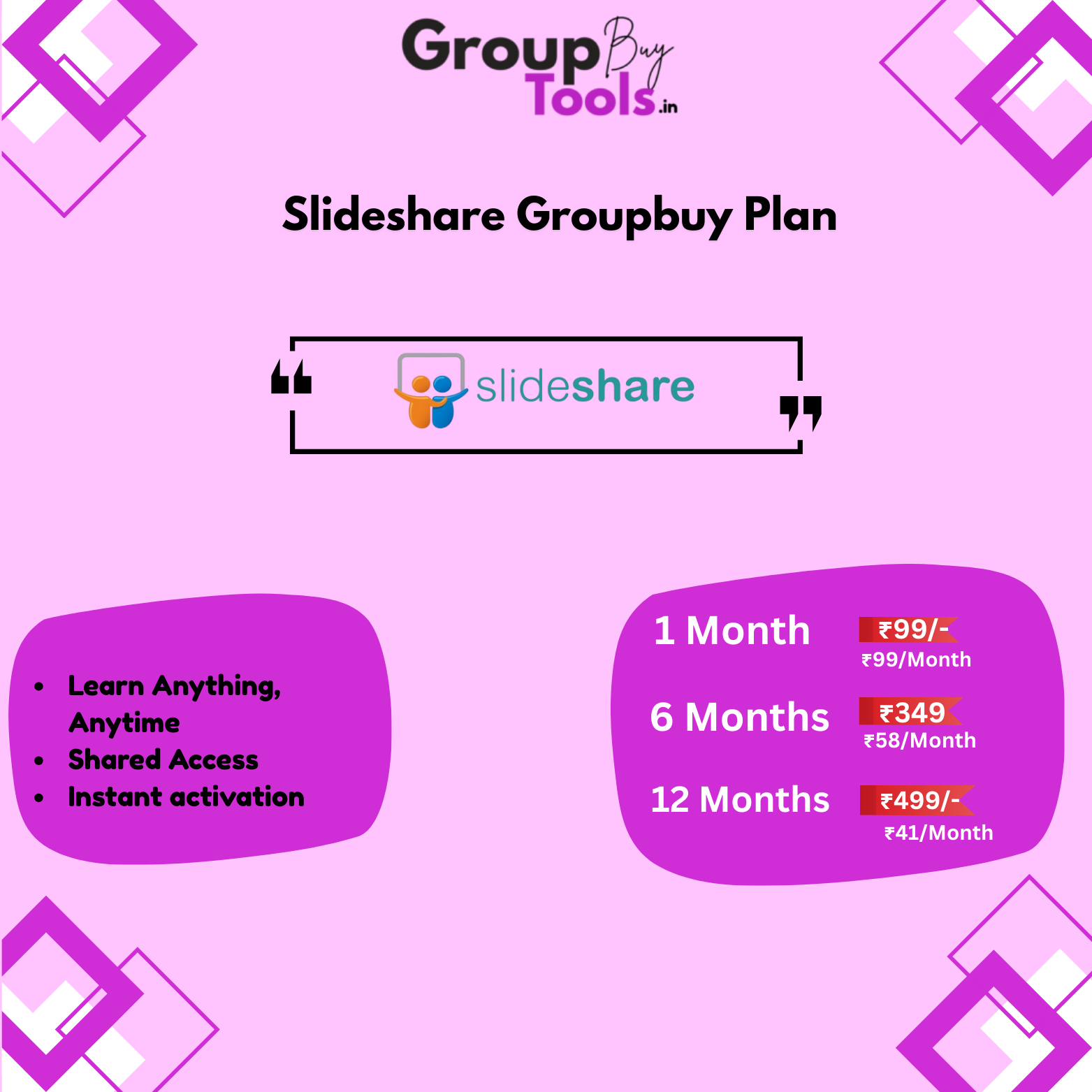 Slideshare Group Buy Plan pricing chart showing 1 month, 6 months, and 12 months shared premium access options